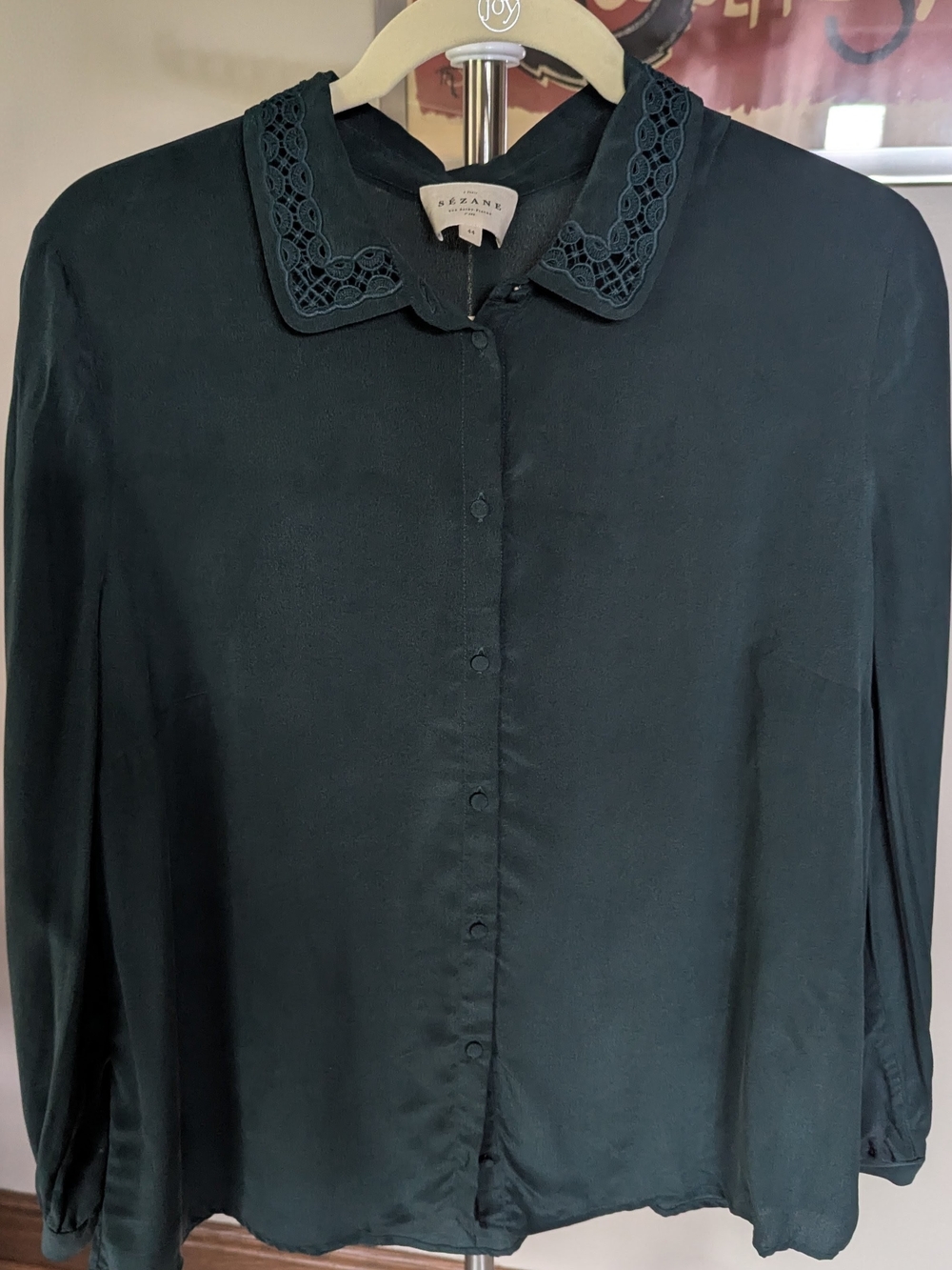 Sézane Suzanne Silk Blouse in Bottle Green Lace Collar Size 44 (L,12) $60